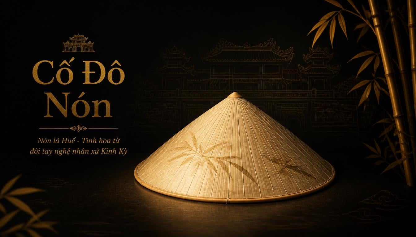Banner quảng bá nón lá cố đô với thiết kế truyền thống, phù hợp làm quà tặng và trải nghiệm văn hóa Việt Nam.