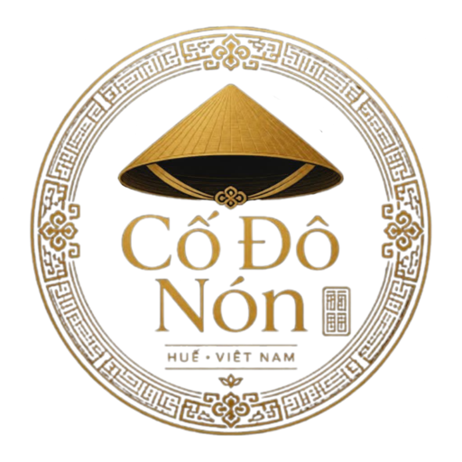 Logo thương hiệu đặc sản Lá Huế truyền thống với hình ảnh nón lá và họa tiết cung đình.